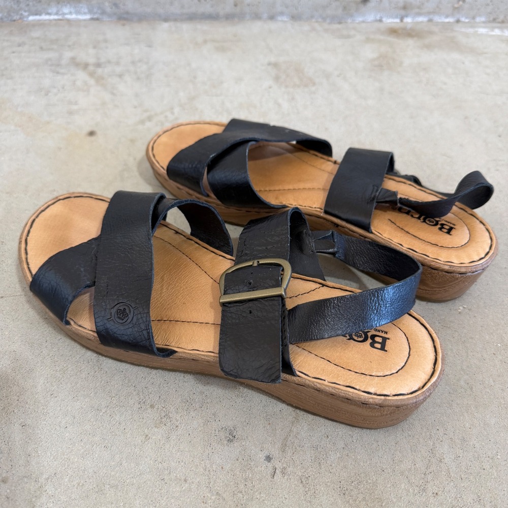 Born Aida Black Leather Strappy Wedge Sandals Size 7M EUC